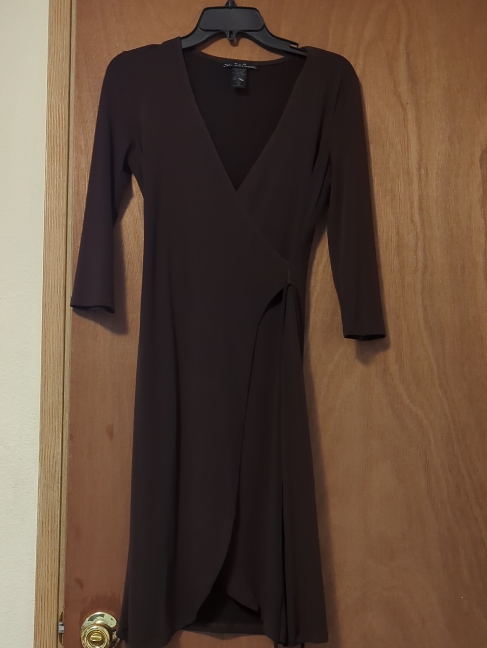 Women's Brown Long-Sleeve Faux Wrap Dress
